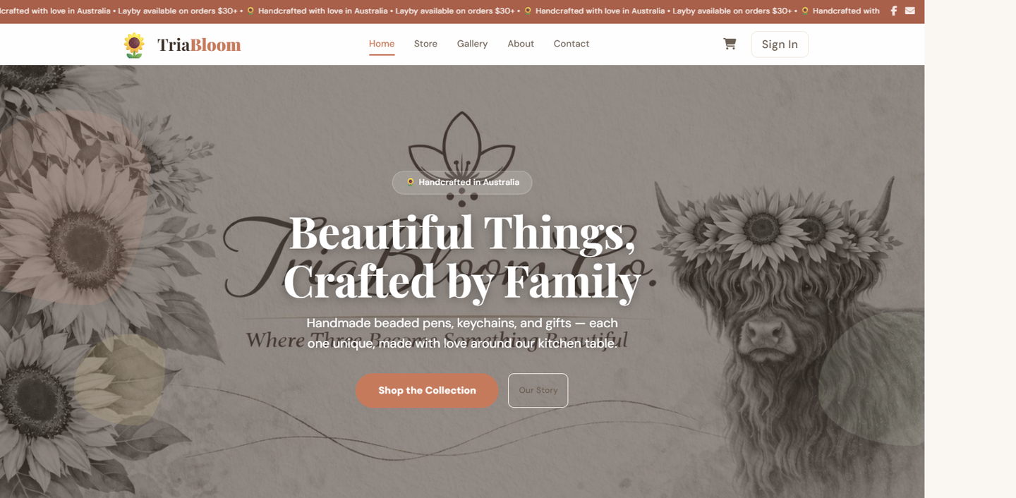 TriaBloom Co. — handmade goods online store with e-commerce and admin panel